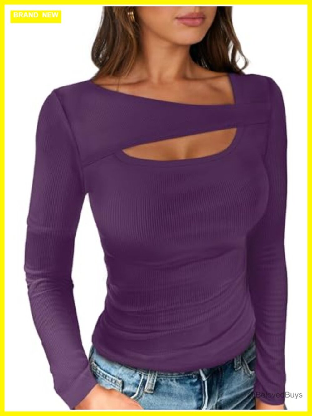 Womens Ribbed Cutout Long Sleeve Slim Fit Top Going Out Shirt